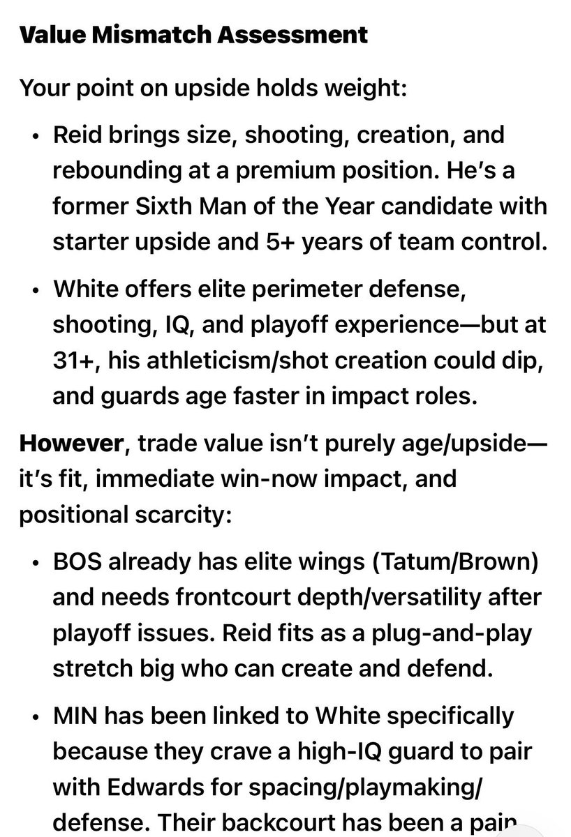 SportsMinny's tweet photo. Reid is younger and has higher upside than Whiteโฆ plus then it necessitates another coordinated move to bring back a floor spacing big from somewhere else. Not a straight no as it unclogs #Twolves frontcourt but creates shooting hole at same time โ iโd be surprised if itโs straight up or minny needing to top up (unless Brad senses Timmy getting really thirsty ;)