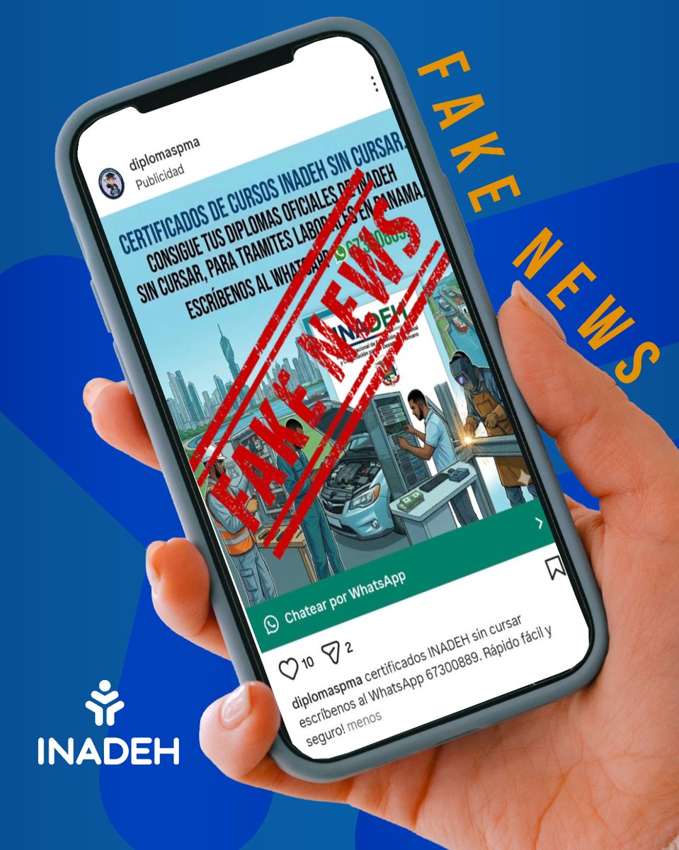 TReporta's tweet photo. Ante la circulación de publicaciones en redes sociales donde se ofrecen supuestos certificados y diplomas de la institución a cambio de dinero y sin que las personas hayan participado en los cursos y capacitaciones, el @InadehOficial advierte que esto consiste en una práctica ilegal, y que se "reserva el derecho de emprender las acciones legales correspondientes".

El Inadeh aclara que todos sus cursos son gratuitos, y que sus certificados y diplomas se obtienen mediante participación, asistencia y aprobación de sus programas de formación, enfatizando que "no existe ningún mecanismo de pago para adquirir certificados, diplomas o acreditaciones".
