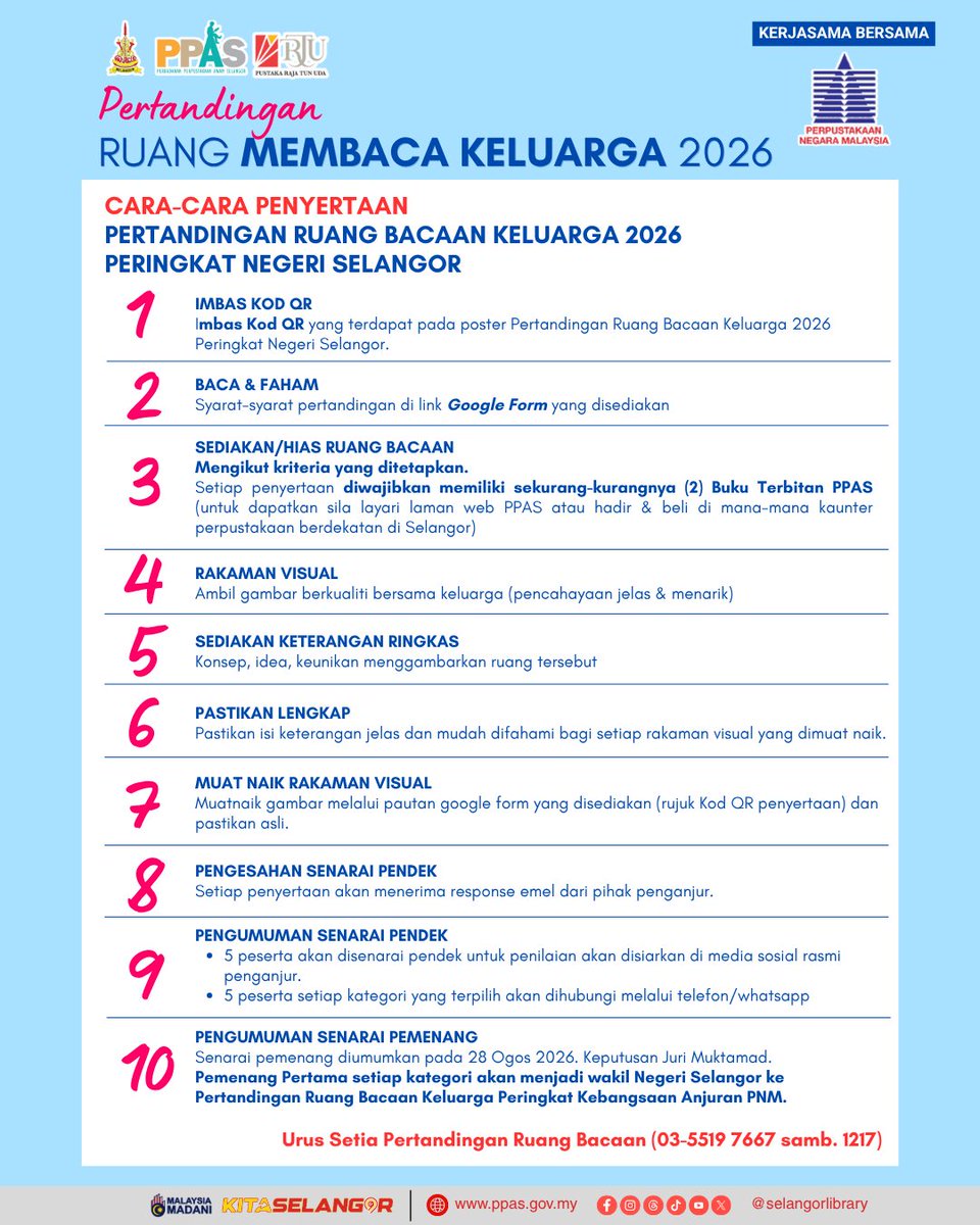 SelangorLibrary's tweet photo. Membaca bermula dari rumah.

Sertai Pertandingan Ruang Membaca Keluarga 2026 dan menangi hadiah sehingga RM1,500 bagi setiap kategori.

🏠 Rumah Bertanah
🏢 Kediaman Bertingkat
🌿 Rumah Kampung

📅 Tarikh tutup: 19 Julai 2026

Imbas kod QR pada poster untuk menyertai. https://t.co/DhKHz4R926