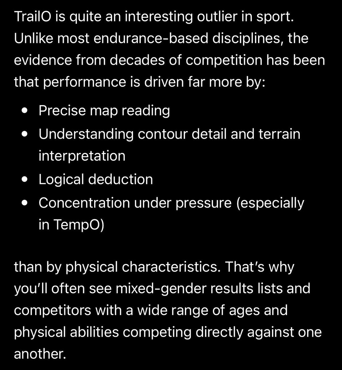 tim_latchford's tweet photo. @aprilmoody01 It’s literally about the speed/power aspect. Trail Orienteering, designed to focus more on technical aspects as opposed to physicality is deemed not gender affected so therefore is mixed. But I image you’ll know this. As your disingenuous argument has been all over X all day.🙄 https://t.co/mp3IAtmYHR