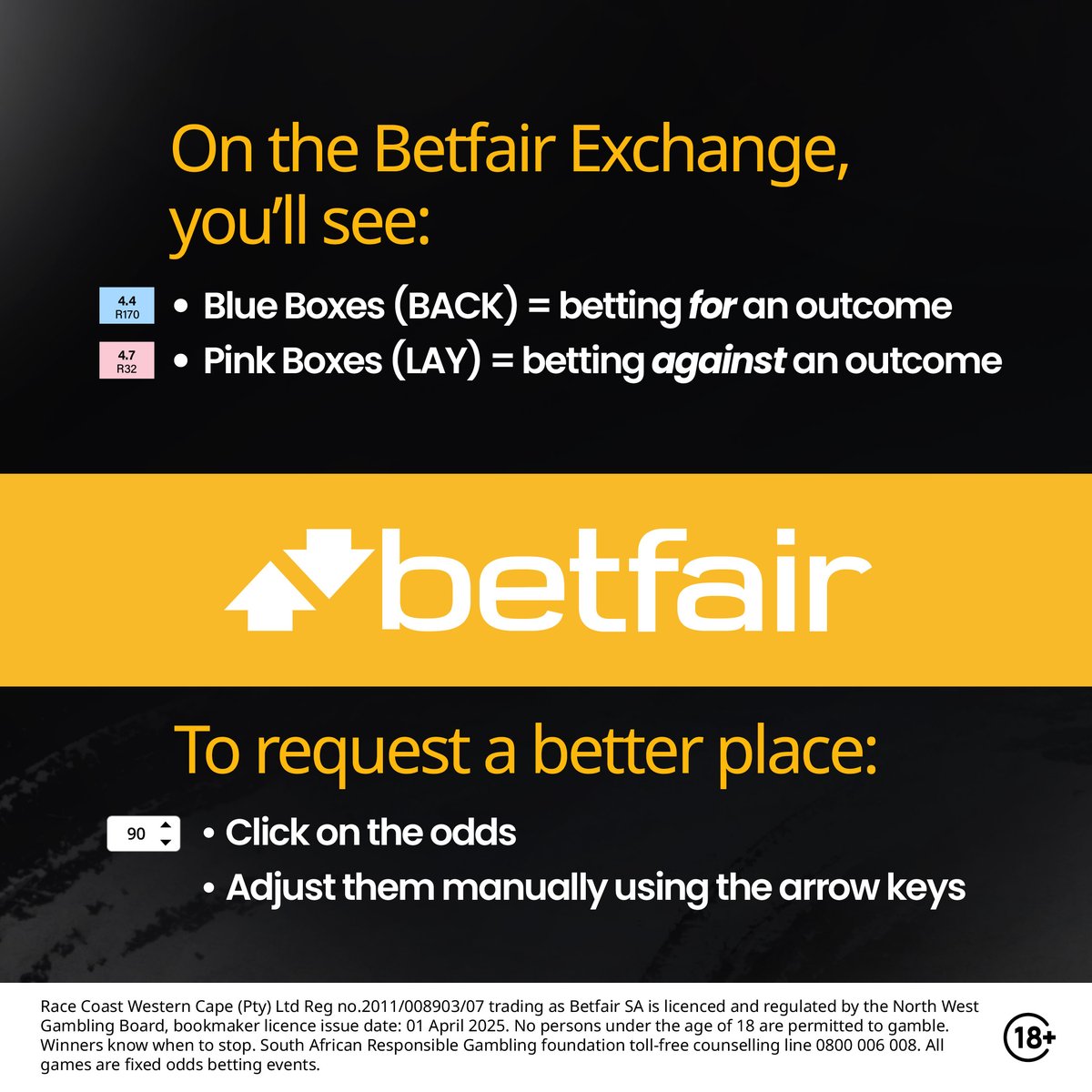 BetfairSA's tweet photo. Don’t settle for the odds you see.
With Betfair Exchange, you set your own price and trade smarter ⚡
No fixed odds — just control.

⚡ Set your price
⚡ Get matched
⚡ Maximise every bet
When the market moves fast, smart money moves faster.

#BetfairExchange #BetSmarter https://t.co/MYWJtAxH53