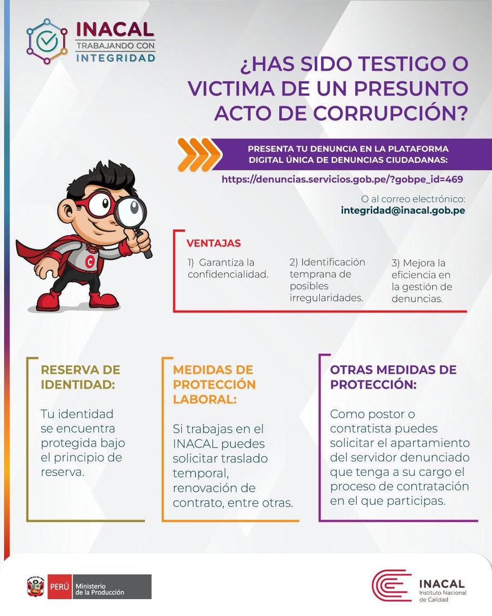 inacalperu's tweet photo. 🛡️ En el Inacal trabajamos con integridad.
Si has sido testigo o víctima de un presunto acto de corrupción, presenta tu denuncia de forma segura y confidencial a través de:

👉 https://t.co/fcEySIUhvV

📧 integridad@inacal.gob.pe https://t.co/JW9wVJZ70D