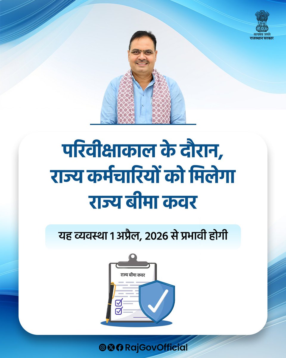 RajGovOfficial's tweet photo. राज्य सरकार के निर्देशानुसार निदेशालय, राज्य बीमा एवं प्रावधायी निधि विभाग, राजस्थान, जयपुर द्वारा परिवीक्षाकालीन राज्य कर्मचारियों को भी, राज्य बीमा का कवर उपलब्ध कराने का निर्णय लिया गया है। राजस्थान सरकारी कर्मचारी बीमा नियम, 1998 के नियम 8 के उपनियम 2 के तहत, अब परिवीक्षाकालीन कर्मचारियों को, उनकी नियुक्ति के बाद आने वाले प्रथम मार्च माह से, राज्य बीमा योजना के दायरे में शामिल किया जाएगा। इस व्यवस्था का उद्देश्य, राज्य कर्मचारियों को सेवा के प्रारंभिक चरण से ही, सामाजिक सुरक्षा एवं बीमा संरक्षण उपलब्ध कराना है।
#आपणो_अग्रणी_राजस्थान