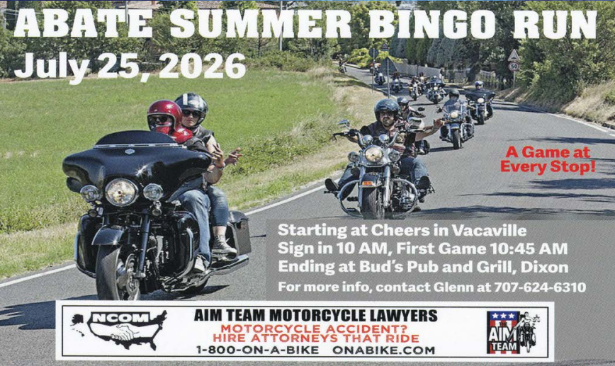 abate_ca's tweet photo. 🏍️ Mark Your Calendars for the ABATE Summer Bingo Run! 🎉

Get ready for a day of great rides, good friends, and plenty of fun on July 25, 2026!

Join fellow riders for the ABATE Summer Bingo Run, where every stop brings a new game and another chance to enjoy the journey. https://t.co/Ezfi7c1qnc