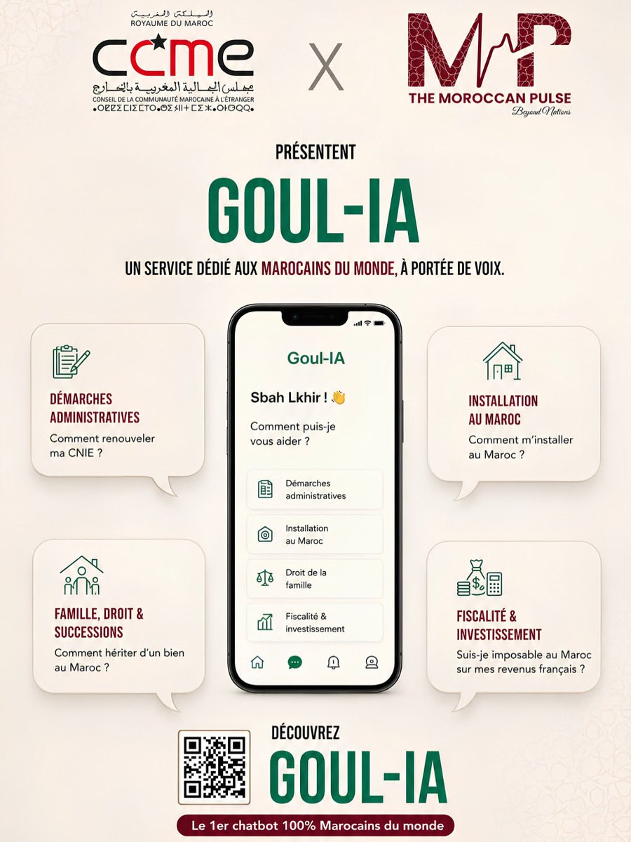 moroccan_pulse's tweet photo. 🚀 Découvrez GOUL-IA : le premier chatbot dédié aux Marocains du Monde 🇲🇦🌍 

📲 Téléchargez GOUL-IA dès maintenant sur l’App Store et Google Play https://t.co/a9wMK18ykt