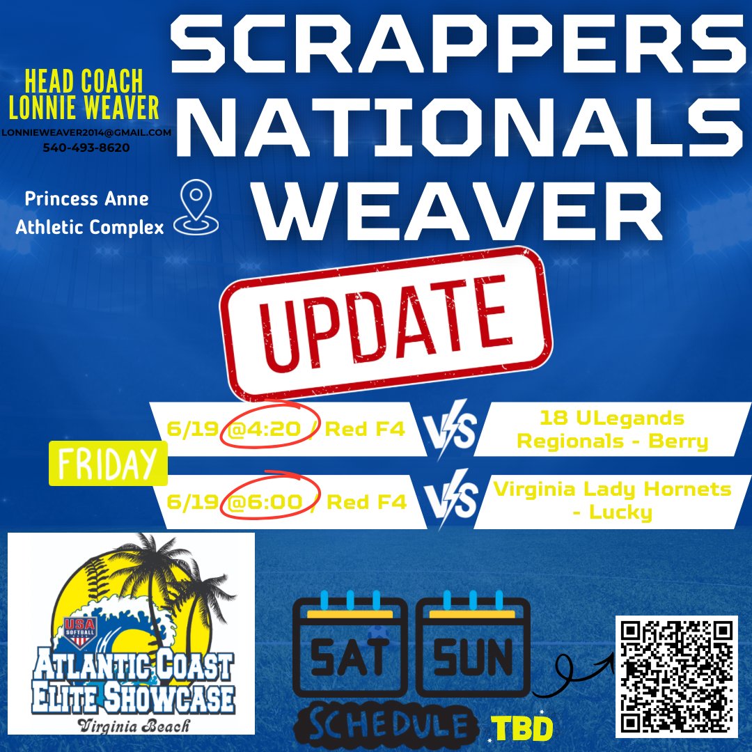 Vascrappers's tweet photo. 🌧 Schedule update for Weaver team Atlantic Coast Showcase! @usasoftballofva @UMOSoftball @VWUSOFTBALL @CNUSoftball @RMC_Softball @RoanokeSoftball @RegentRoyalsSB @MasonSoftball @VWUSOFTBALL @LongwoodSB @ChowanSoftball @JMUSoftball @Bh2osoftball @nsusoftball https://t.co/0XM4xjMMFK