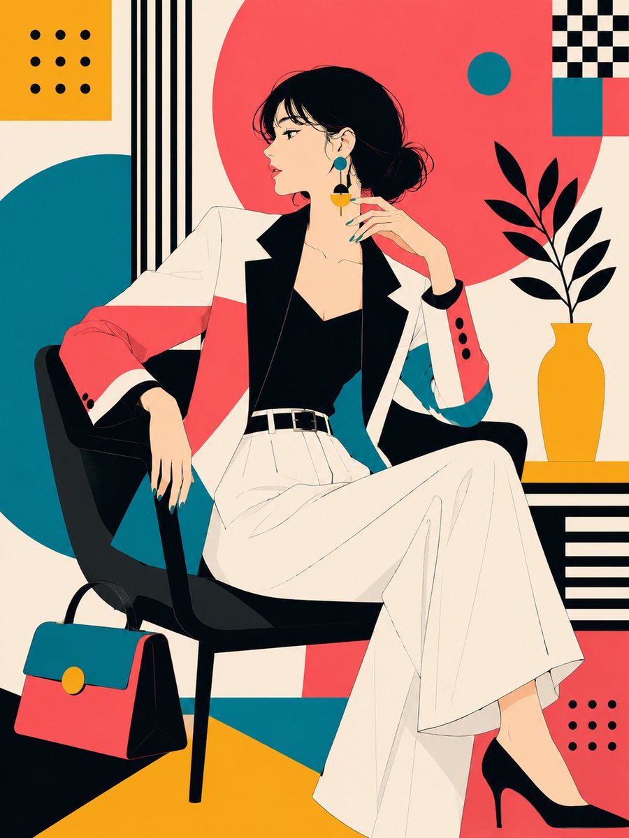 DokeiHi's tweet photo. Flat colors, sharp lines, quiet confidence.
A pop fashion moment in coral, teal, and black.

#AIart
#AIイラスト
#AIArtwork
#DigitalArt
#FashionArt
#FashionIllustration
#FlatDesign https://t.co/Nh4qp2FqNK
