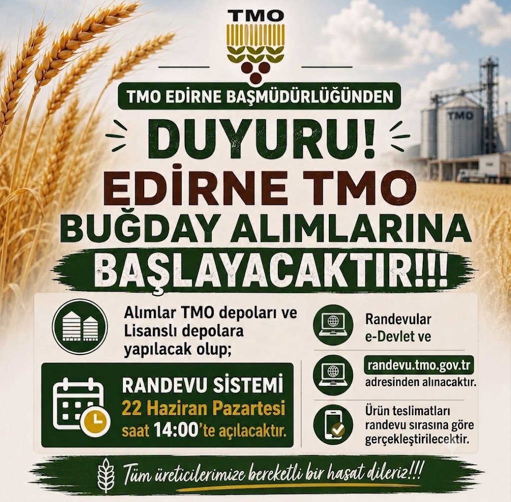 uzkgurses's tweet photo. Edirne TMO Buğday Alımları Başlıyor!
Toprak Mahsulleri Ofisi 2026 yılı buğday alım dönemini başlattı.
22 Haziran Pazartesi saat 14:00'te Randevularınızı e-Devlet veya https://t.co/5mTczZcCHR üzerinden alabilirsiniz.
Tüm üreticilerimize bereketli bir hasat sezonu dileriz! https://t.co/tAEDZPMTpy