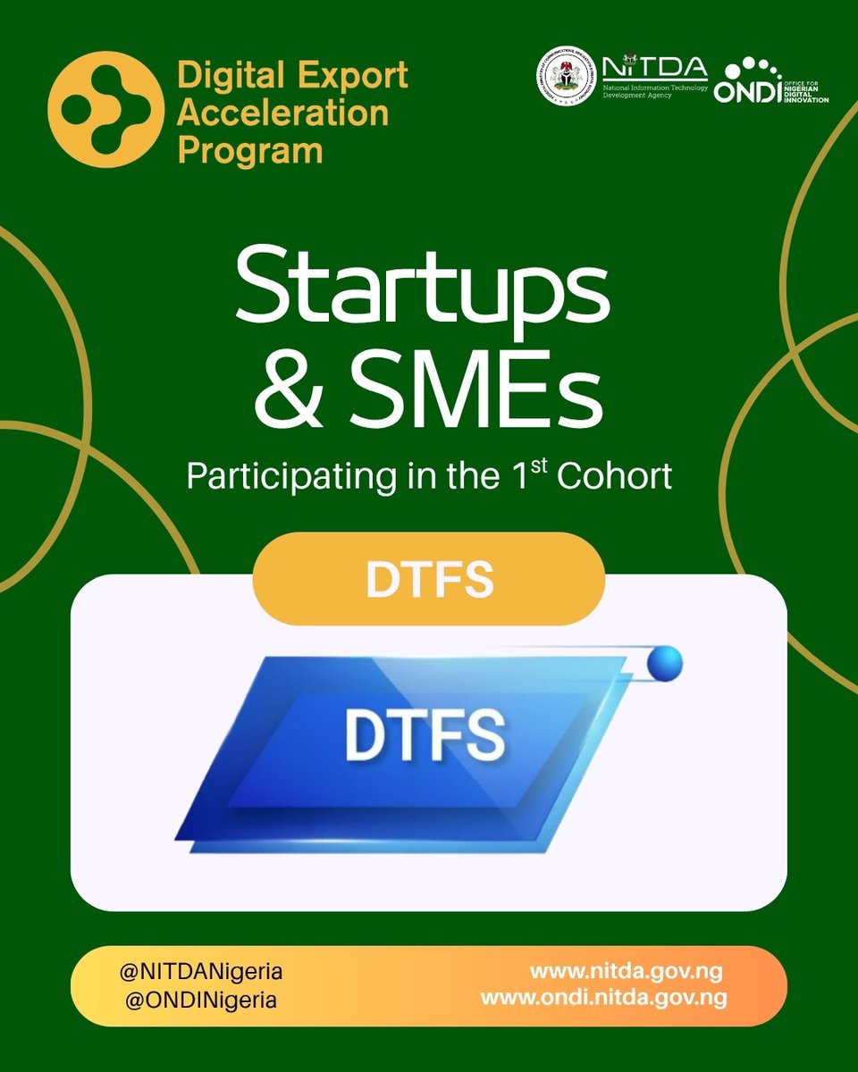 ONDINigeria's tweet photo. 🚀 Meet the Pioneer Ventures of DEAP Cohort 1!

We are proud to unveil the first cohort of startups and SMEs selected for the Digital Export Acceleration Programme (DEAP) — a strategic initiative by NITDA and ONDI designed to help Nigerian businesses become export-ready, access new markets, and scale globally. 

DEAP provides participating ventures with export readiness support, market access advisory, investor readiness guidance, mentorship, and cross-border trade opportunities.

Congratulations to our pioneering participants:
🌍 DTSF GLOBAL
🌱 @FidesAgro 
🆔 @seamfixltd 
🤝 @FriendnPal 
👗 @AnkaraNg 

These innovative businesses represent the strength, diversity, and global potential of Nigeria’s digital economy—from technology and agribusiness to fashion and digital services.

Join us as we support their journey from Local → Regional → Global.

#DEAP #DigitalExports #NITDA #ondi