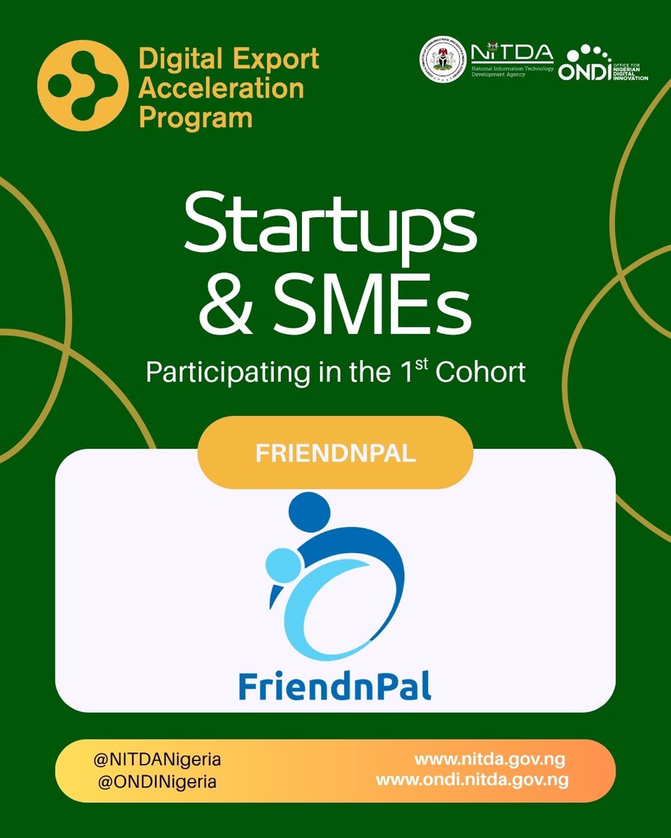 ONDINigeria's tweet photo. 🚀 Meet the Pioneer Ventures of DEAP Cohort 1!

We are proud to unveil the first cohort of startups and SMEs selected for the Digital Export Acceleration Programme (DEAP) — a strategic initiative by NITDA and ONDI designed to help Nigerian businesses become export-ready, access new markets, and scale globally. 

DEAP provides participating ventures with export readiness support, market access advisory, investor readiness guidance, mentorship, and cross-border trade opportunities.

Congratulations to our pioneering participants:
🌍 DTSF GLOBAL
🌱 @FidesAgro 
🆔 @seamfixltd 
🤝 @FriendnPal 
👗 @AnkaraNg 

These innovative businesses represent the strength, diversity, and global potential of Nigeria’s digital economy—from technology and agribusiness to fashion and digital services.

Join us as we support their journey from Local → Regional → Global.

#DEAP #DigitalExports #NITDA #ondi