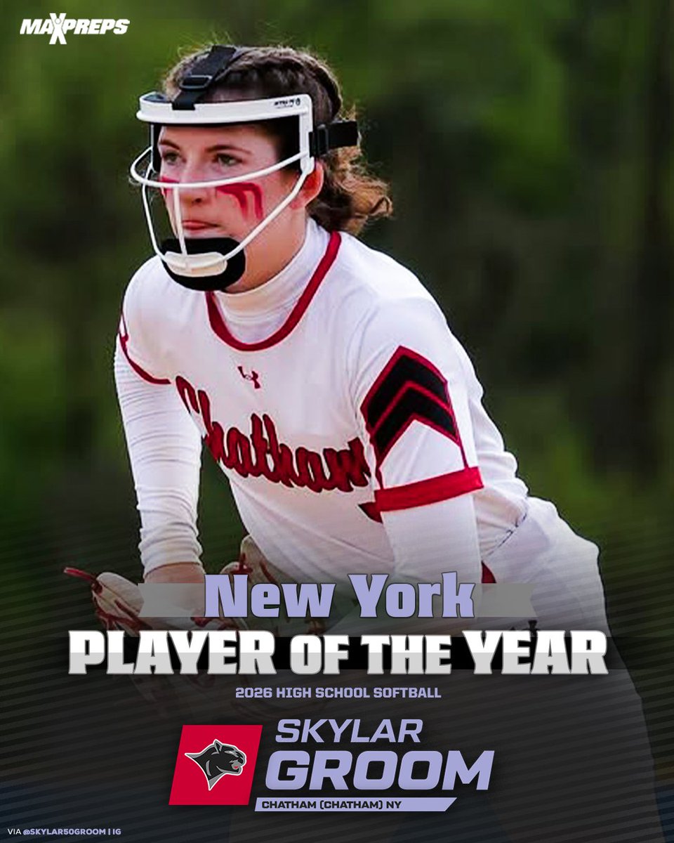 MaxPreps's tweet photo. Binghamton commit Skylar Groom earned MaxPreps New York Player of the Year honors after throwing five no-hitters, including three straight in the postseason, for the state champions. 🥎🏆

Full list of POY winners ⬇️
https://t.co/qZjVDmYvkR https://t.co/k3R4pJe8lM