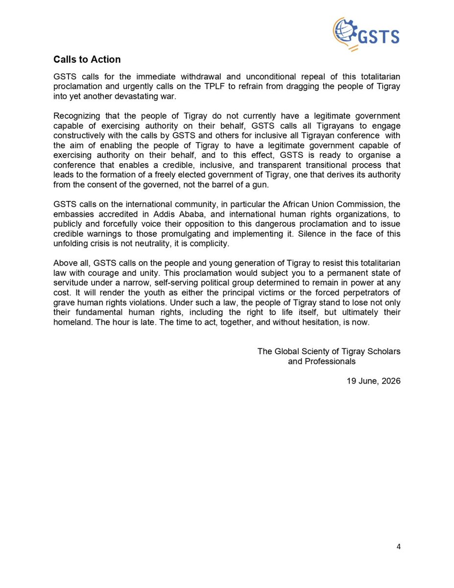 ProfKindeya's tweet photo. GSTS Unequivocally condemns Totalitarian Law in Tigray and Calls on the People of Tigray and the International Community to Act Before It Is Too Late. https://t.co/xlmhOQuHsv