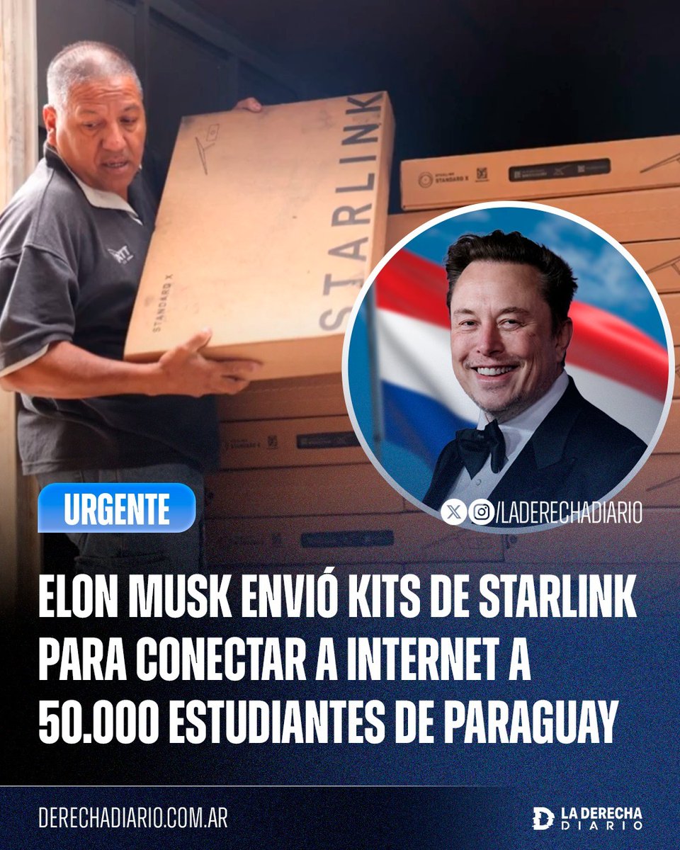 laderechadiario's tweet photo. 🚨🇵🇾🇺🇸 | TE SALVA EL CAPITALISMO: Gracias a la alianza entre el gobierno del derechista Santiago Peña y Elon Musk, arribaron a Paraguay cientos de kits del servicio de internet satelital Starlink, enviados con el fin de impulsar la conectividad en 1.600 ubicaciones en las zonas rurales y aisladas del país, lo que garantizará el acceso a internet a más de 50.000 estudiantes y profesores de los colegios públicos.