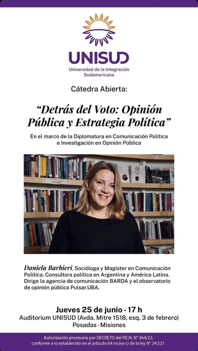 hacemosbarda's tweet photo. 📣¡ATENCIÓN MISIONES!
El próximo jueves 25 de junio a las 17hs, nuestra directora @barbieridani presentará en la Cátedra Abierta: “Detrás del Voto: Opinión Pública y Estrategia Política” para la Diplomatura en Comunicación Política e Investigación en Opinión Pública de la UNISUD. https://t.co/SY2p2E0PDg