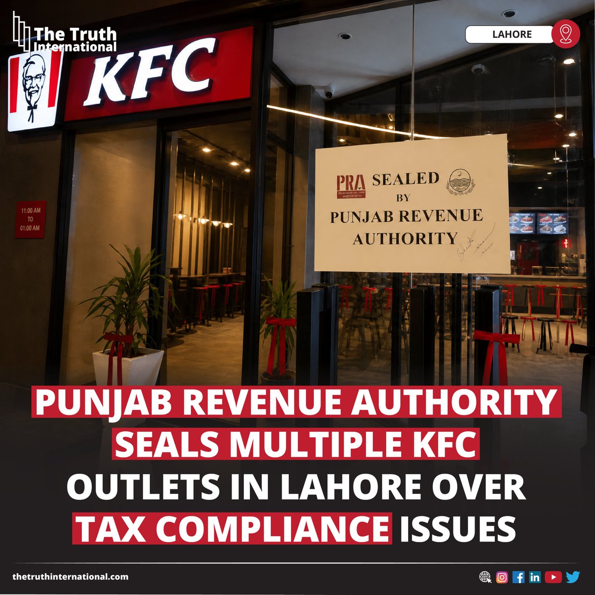 ttimagazine's tweet photo. Punjab Revenue Authority Seals Multiple KFC Outlets in Lahore Over Tax Compliance Issues

CLICK HERE: https://t.co/njo8QSj1Ev

#Punjab #Revenue #Authority #Seals #Multiple #KFC #Outlets #Lahore #Tax #Compliance #Issues #TTI https://t.co/4WumOg8CPd