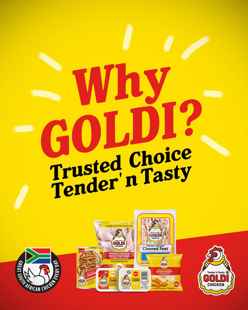 goldichicken's tweet photo. Why GOLDI?

When people start talking about brands they trust, GOLDI belongs in the conversation.

It's a trust that's been earned through generations of serving up Tender 'n Tasty chicken to South African families.

https://t.co/EIro8QN7ZT https://t.co/wSXjsRB7wH