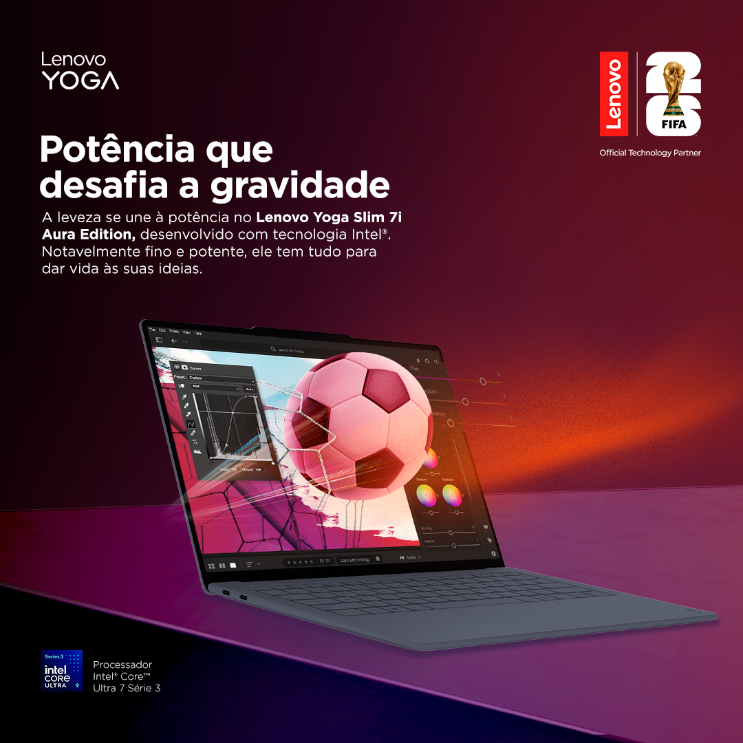 Lenovobr's tweet photo. Aura de item de coleção e presença de titular absoluto, o novo Yoga Slim 7 Ultra Aura Copa do Mundo da FIFA 26™ transforma tecnologia em peça de desejo. 

Uma edição limitada criada para quem gosta de design tão marcante quanto performance.  

Saiba mais: https://t.co/RxuOH0kUmx https://t.co/LlqMOzdlHE