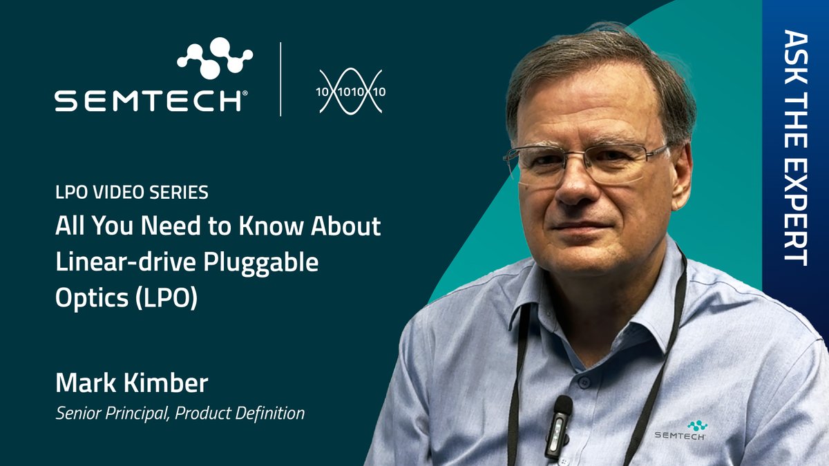 SemtechCorp's tweet photo. Linear optics is going from buzzword to mainstream deployment. So we're answering the questions engineers are asking. We're launching a weekly #LPO video series hosted by #Semtech's Mark Kimber.
First video drops next week. Stay tuned!
#DataCenter #AskTheExperts https://t.co/8ofLzFzLYQ