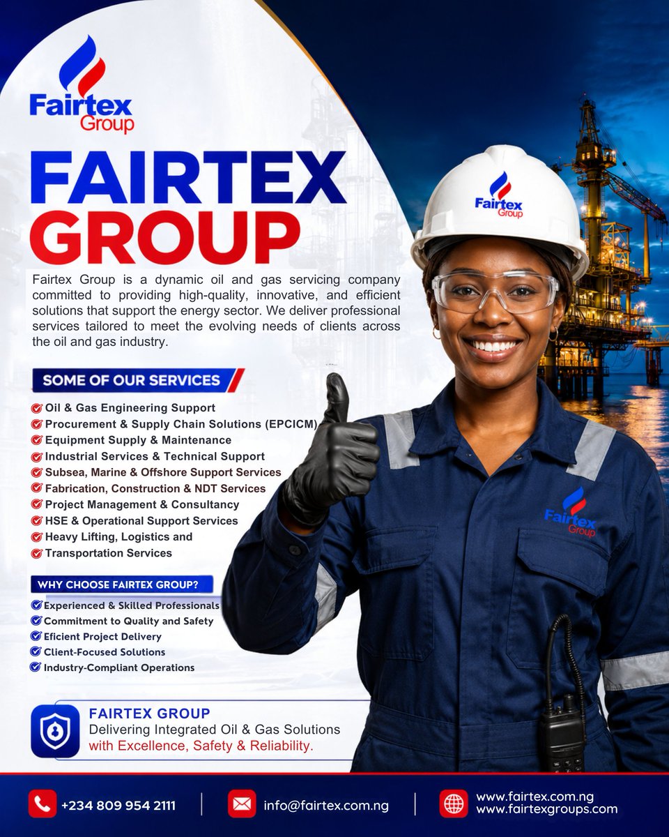 Fairtex_ltd's tweet photo. DRIVING EXCELLENCE IN OIL &amp; GAS SOLUTIONS⚙️⛽

At Fairtex Group, we deliver reliable, innovative, and industry-focused solutions that empower the energy sector. From engineering support and procurement to offshore services, maintenance, fabrication, and technical solutions. https://t.co/1qguX1asBX
