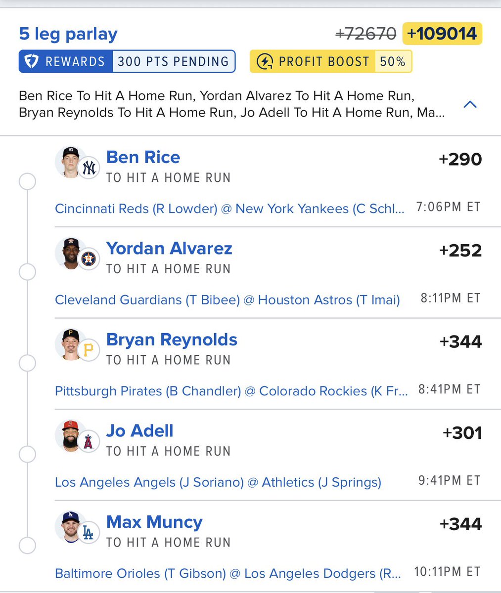 Zeus_Analytics's tweet photo. THE FRIDAY 5 DINGER LOTTO⚡️⚡️

BRING US TO GLORY BOYS😤🚀

Hit The Like Button If Tailing💙 https://t.co/hWCGAS5o9y