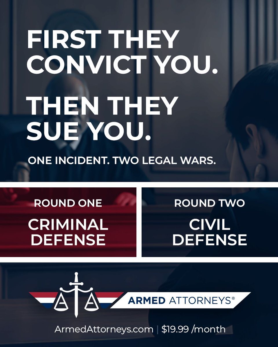 ArmedAttorneys's tweet photo. The criminal trial is only round one. The civil lawsuit is waiting right behind it. 

Here is the nightmare most self-defense plans will never prepare you for, because covering all of it costs them money.

Picture the worst day playing out. You are convicted at trial. Your freedom is already gone. And then, while you are still reeling, the papers arrive. The family of the person you defended against is suing you in civil court.

Now you are fighting on two fronts at once. A criminal sentence on one side, and a civil judgment coming for your home, your savings, and everything you have left on the other. One incident. Two separate legal wars. Most gun owners never see the second one coming until it lands.

This is how good people lose not just their freedom, but everything they spent a lifetime building.

Armed Attorneys defends you on both fronts. Criminal and civil, in one membership, for $19.99 a month. Because you should never have to face the second lawsuit alone, no matter how the first trial ends.

Get covered on every front. See the full plan at the link in our bio.