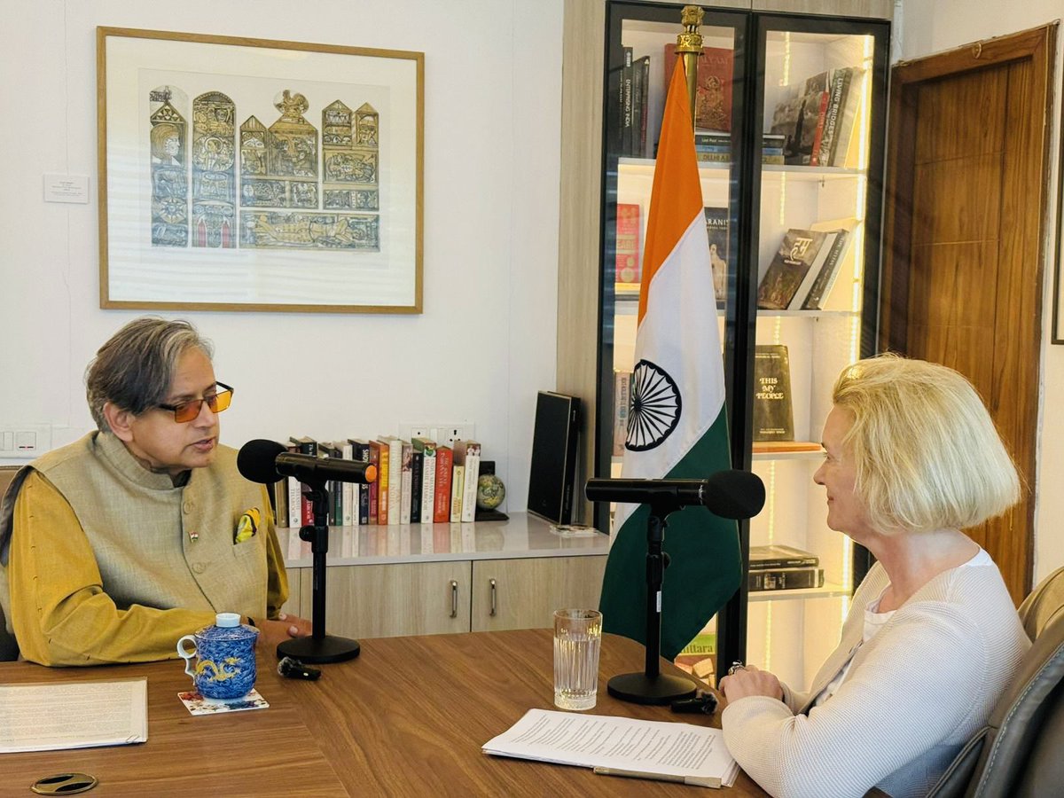ShashiTharoor's tweet photo. Had a great time recording a fun podcast episode with Ambassador May-Elin Stener (@norwayambindia) of Norway, chatting about India–Norway relations, shared priorities and a few stories along the way. Looking forward to sharing the conversation with all of you soon as the first episode of a new podcast series the Embassy is launching, called #Sambandh.
Stay tuned!
