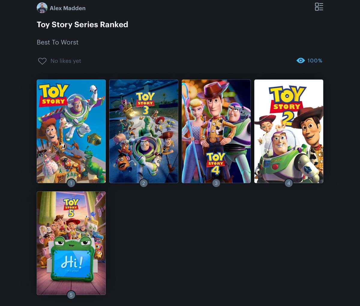 Alex_Madden_'s tweet photo. Not a single bad Toy Story movie despite where I have Toy Story 5 ranked. https://t.co/DYKR6piWOX