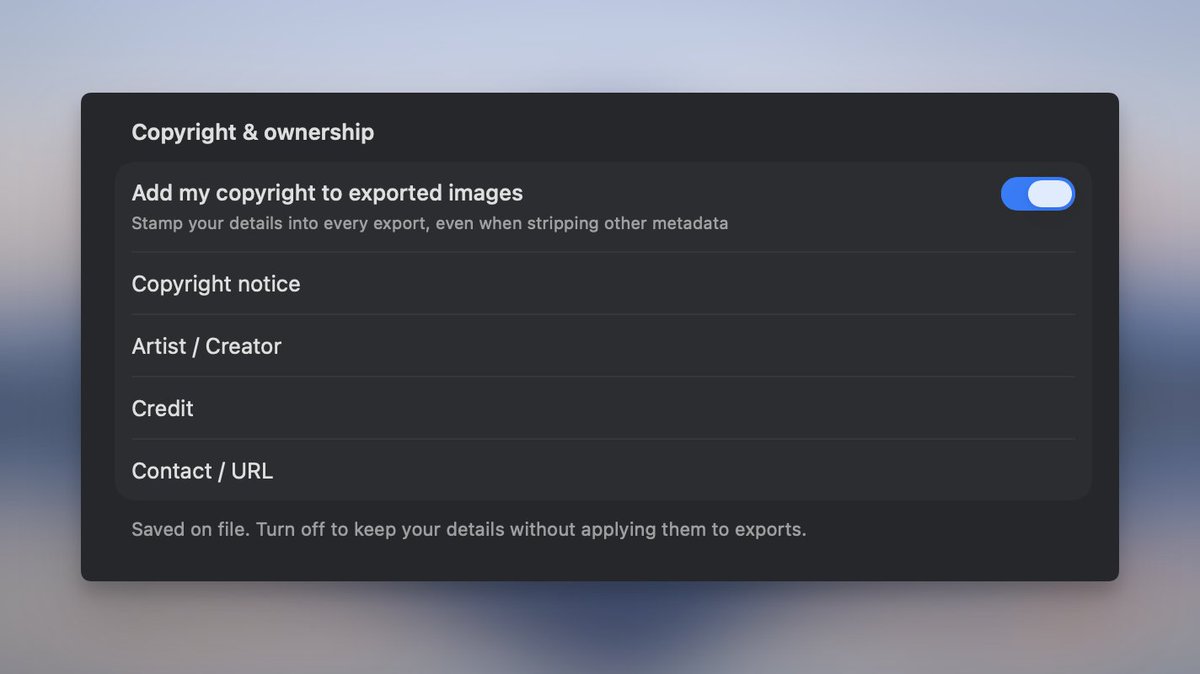 picmalapp's tweet photo. ˗ˏˋ NEW FEATURE ˎˊ˗

Introducing Copyright + Verifiable Metadata

Picmal now embeds copyright, artist info, and contact details into every export (EXIF/IPTC/XMP) — and it’s resilient against metadata stripping.

Just hit the ⓘ button to see exactly what’s included. ©️ https://t.co/hcl1UxeKQp
