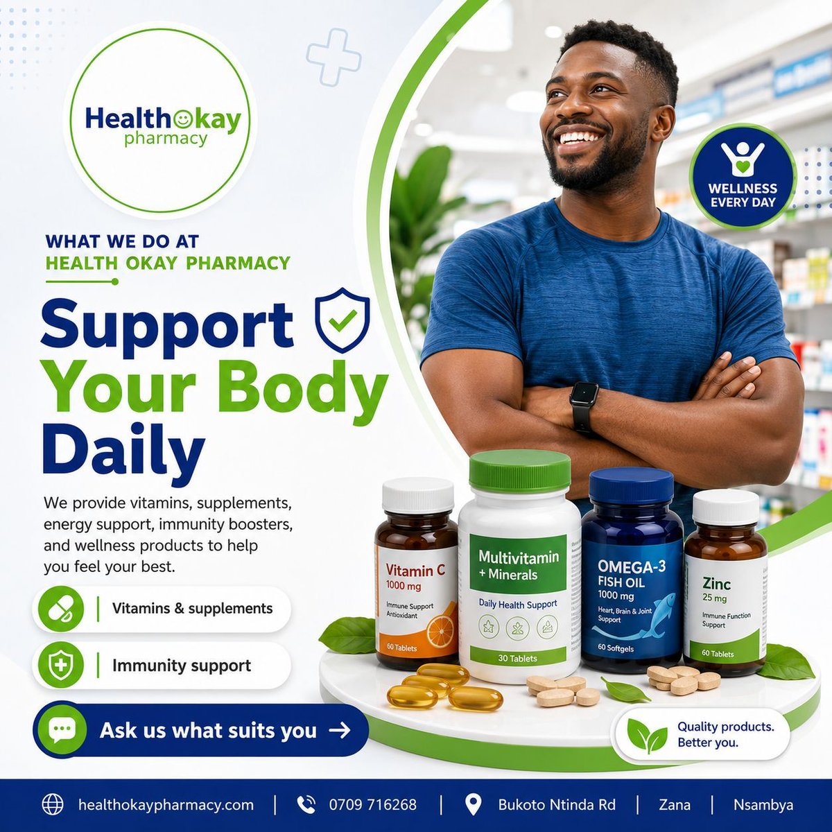 HealthOkayPharm's tweet photo. We provide vitamins, supplements, energy support, immunity boosters, and wellness products to help you feel your best every day.

Whether you need strength, recovery, or daily nutrition support, we’ve got you covered.

#WellnessUganda #Supplements #HealthOkayPharmacy #Immunity https://t.co/KjspNeVMZc