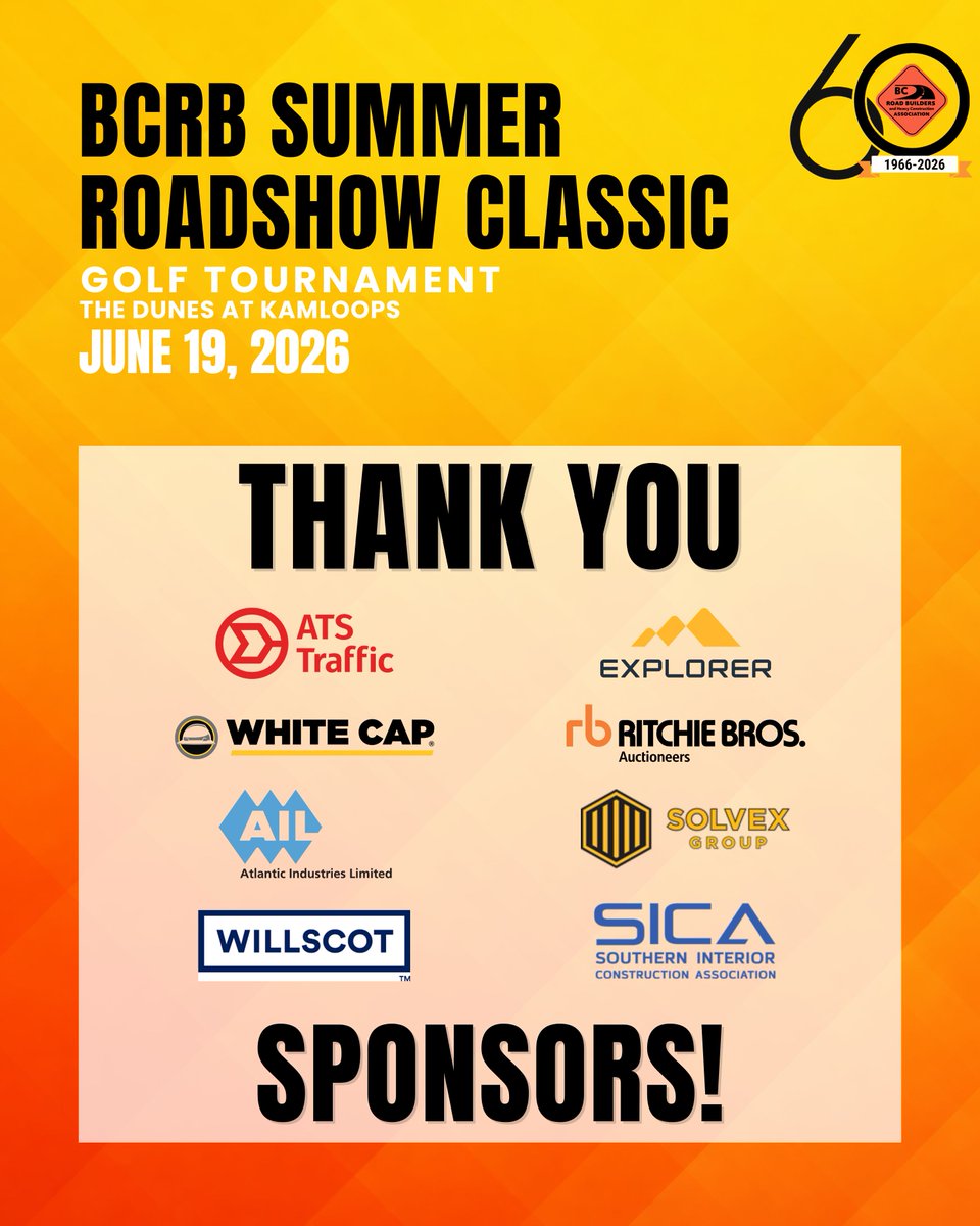 BCRoadBuilders's tweet photo. Events like the Summer RoadShow Classic are made possible thanks to the support of our sponsors!

Thank you to a few more sponsors who are helping create a fun and memorable day that brings our industry together. https://t.co/fz74bSm7Hw