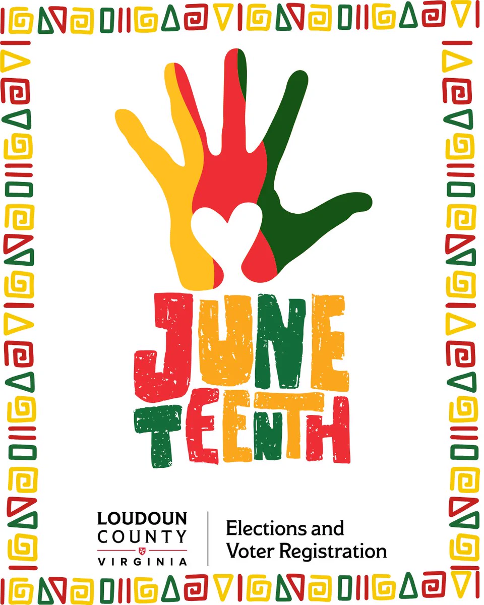Colorful handprint with a heart in the center above bold Juneteenth text in red, yellow, and green, framed by vibrant African-inspired patterns. Loudoun County logo at bottom.