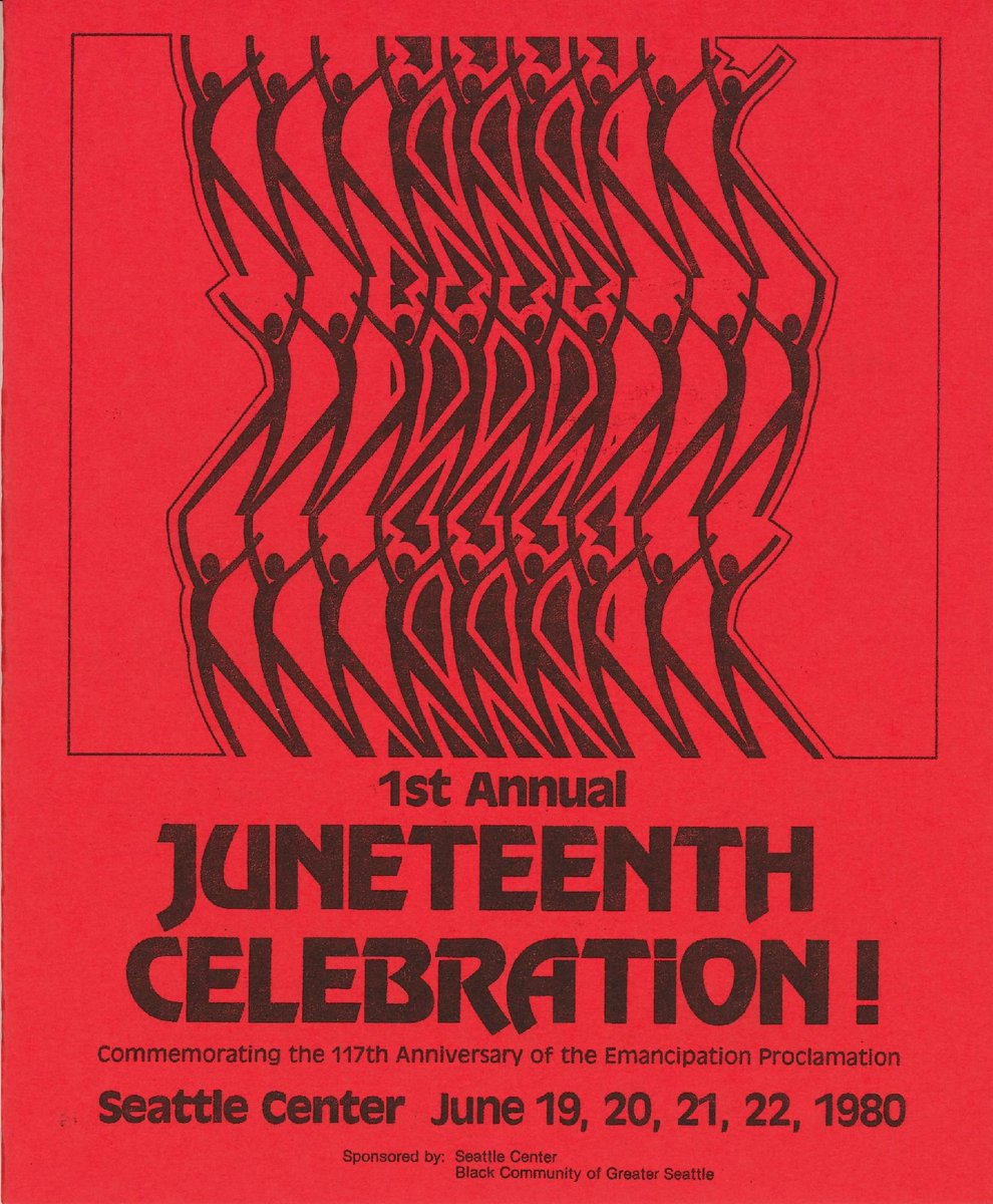 A 1980 Juneteenth Celebration poster. It is red with black art, with a repeating pattern of a person with their arms spread in an upward pose. The text says "1st Annual Juneteenth Celebration! Commemorating the 117th anniversary of the Emancipation Proclamation. Seattle Center, June 19, 20, 21, 22, 1980."