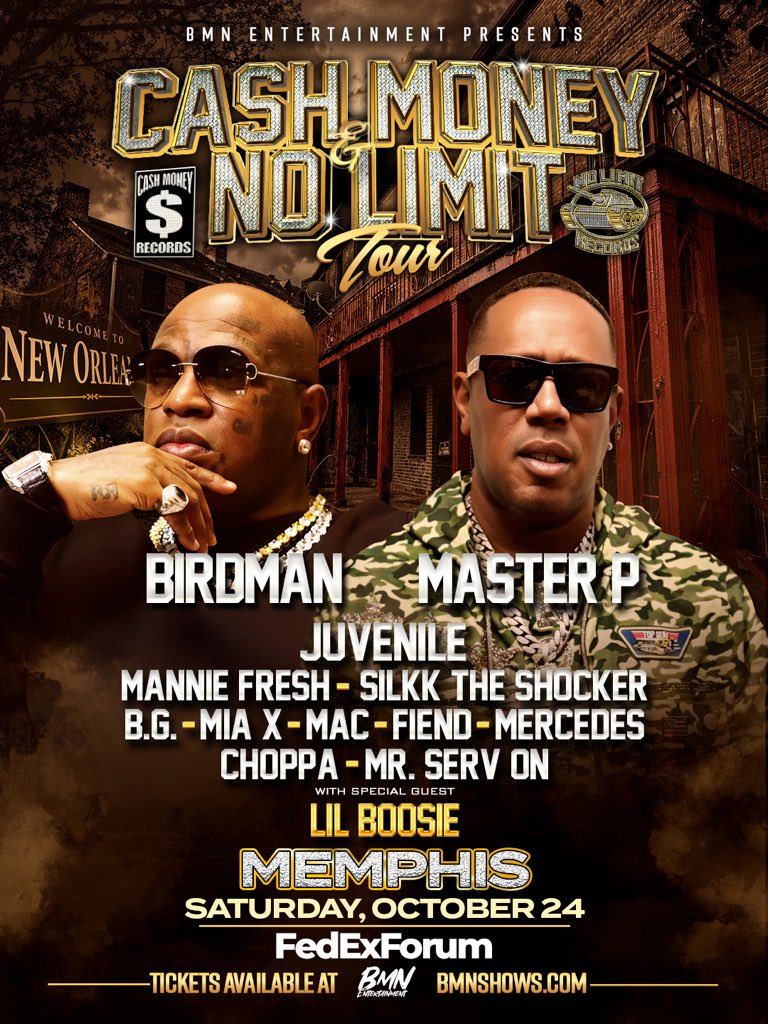 FedExForum's tweet photo. 🚨 Tickets on sale NOW for the Cash Money &amp; No Limit Tour with special guest Boosie live at FedExForum on October 24th!  🔥🔥🔥

Two Legendary Labels. One Historic Tour.

Secure your tickets TODAY ‼️

🎫 https://t.co/8ou3hLCoQN https://t.co/CJk7ZOB0tr