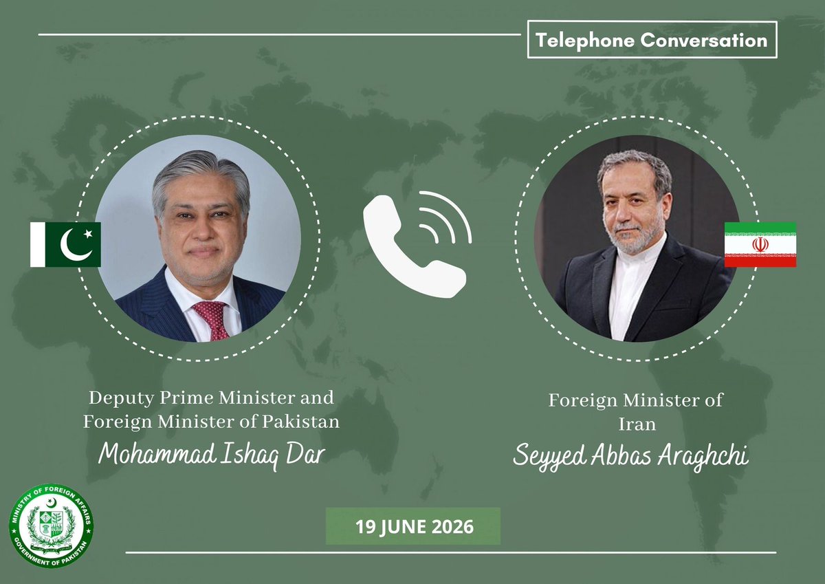 ForeignOfficePk's tweet photo. Deputy Prime Minister / Foreign Minister Senator Mohammed Ishaq Dar @MIshaqDar50 spoke this evening with the Foreign Minister of Iran, Seyed Abbas Araghchi @Araghchi.

DPM/FM felicitated the leadership, government, and people of the Islamic Republic of Iran on the signing of the historic “Islamabad Memorandum of Understanding” with the United States. He also conveyed his best wishes for the commencement of the next phase of negotiations, expressing hope that the process would move smoothly and yield positive outcomes.

FM Araghchi expressed gratitude for Pakistan’s constructive and sustained mediation efforts.

The two leaders exchanged views on regional developments and highlighted the ceasefire violations conducted by Israel in Lebanon, expressing serious concern over the situation.

FM Araghchi also thanked DPM/FM for Pakistan’s facilitation in the repatriation of thirty (30) Iranian nationals, including 8 fishermen rescued at sea by the United Kingdom and 22 crew members recently interdicted by the United States. The transit arrangements of whom are currently being coordinated by Pakistan.

Both sides agreed on the importance of continued engagement and agreed to remain in close contact.
