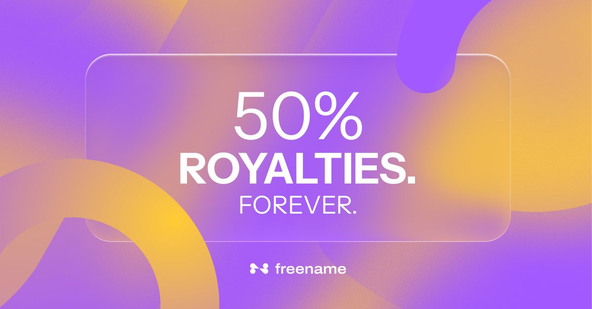 freename's tweet photo. 50% royalties. Every registration. Forever.

That's what it means to be your own registry on Freename. 💜

#Web3 #TLD #PassiveIncome #Freename https://t.co/KdkWEfymNz