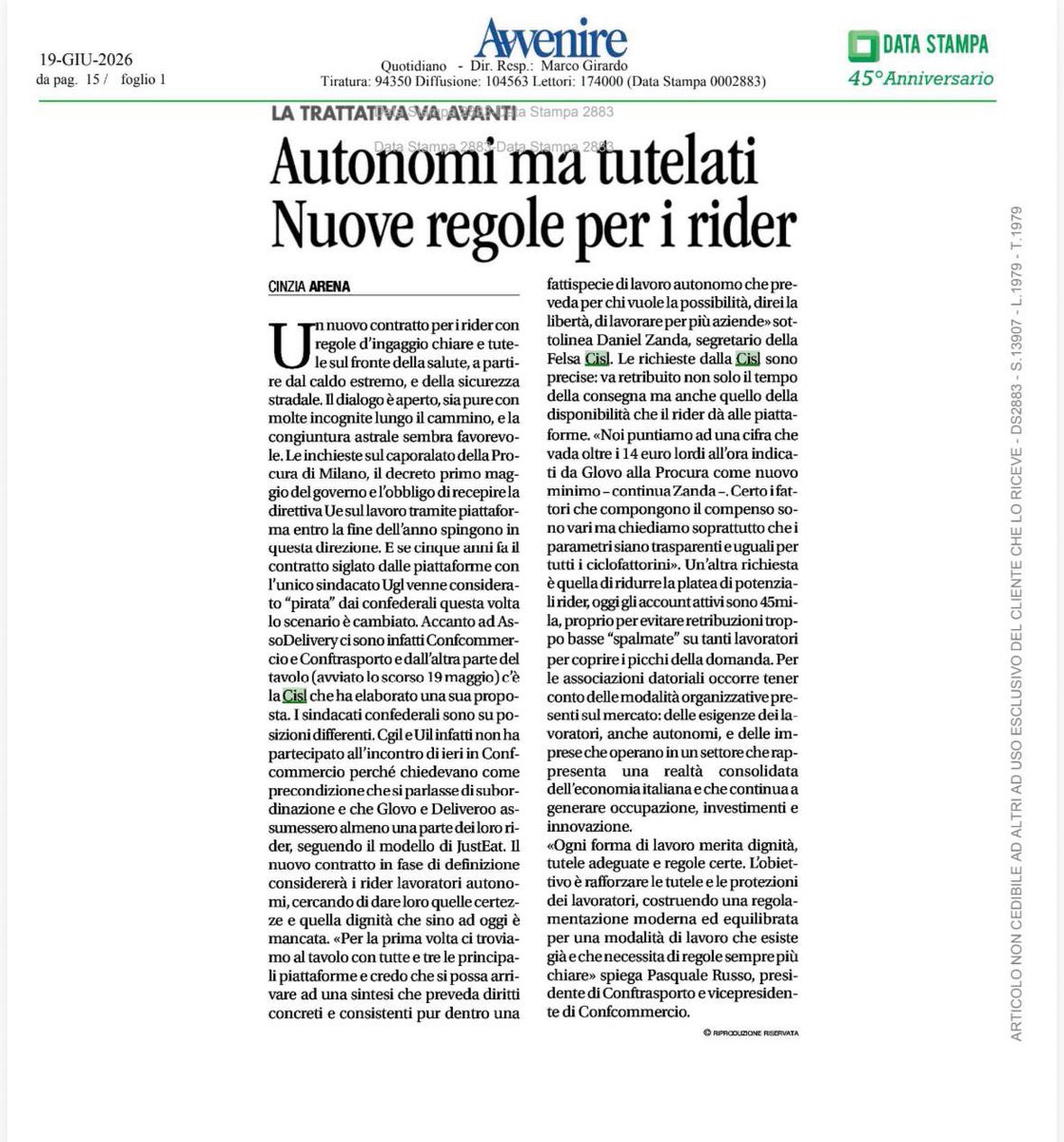 FelsaCisl's tweet photo. Su @Avvenire_Nei l'analisi sul futuro dei #rider. Al via il confronto per un'autonomia tutelata.
Il Segretario Generale FeLSA Cisl, Daniel Zanda, traccia le priorità del sindacato al tavolo con AssoDelivery e Confcommercio https://t.co/00nVThs0Ec