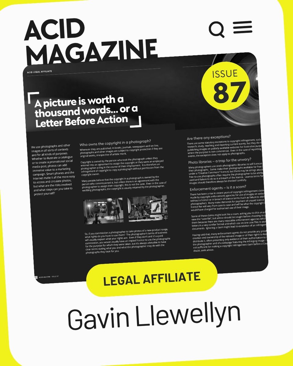 ACID_tweets's tweet photo. ACID Magazine Issue 87!

Using images without proper permission can lead to serious legal consequences. Gavin Llewellyn of Stone King explains who really owns copyright in photographs and how to avoid costly infringement claims. 

Read the full magazine 👉 https://t.co/b67Z26pUTK https://t.co/A0LLmZPF1v