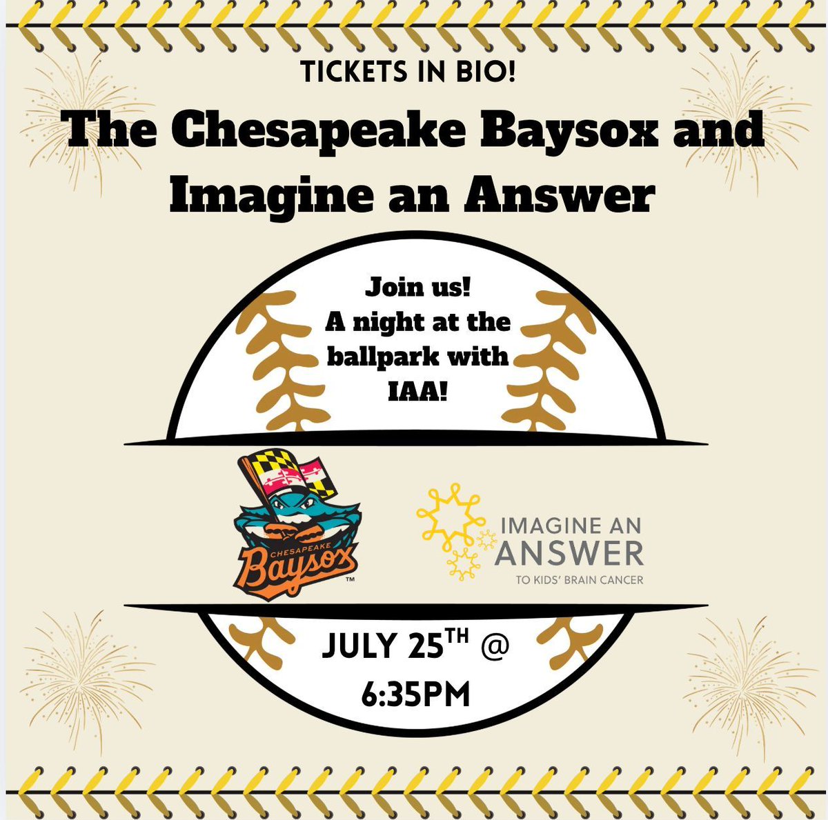 ImagineAnAnswer's tweet photo. ⚾ Save the date: Sat July 25! Join Imagine An Answer at Prince George's Stadium for a Baysox game; reserved seats, exclusive hat &amp; fireworks, all for kids fighting pediatric cancer. 

First pitch 6:35 PM 🎆🎟️ https://t.co/rzhtFP48aL #Baysox #PlayBall https://t.co/nO17BAMVDz