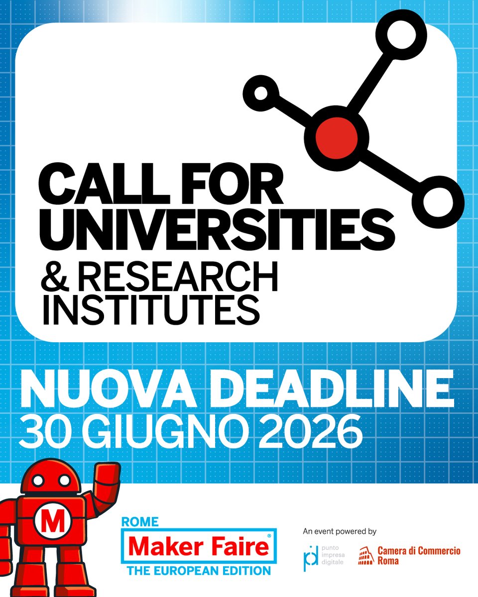 MakerFaireRome's tweet photo. 🚀 Porta la ricerca fuori dall'Università: la Call for Universities & Research Institutes di #MFR2026 è stata prorogata al 30 giugno! 🔬
Hai più tempo per candidare prototipi e progetti inediti davanti al pubblico di Maker Faire Rome. Non perdere questa occasione unica di netwCandidature entro il 30 giugno 2026 
Tutte le info👇 
https://t.co/BYWoeqQtSE
#MakerFaireRome #Ricerca #Università #TechInnovation