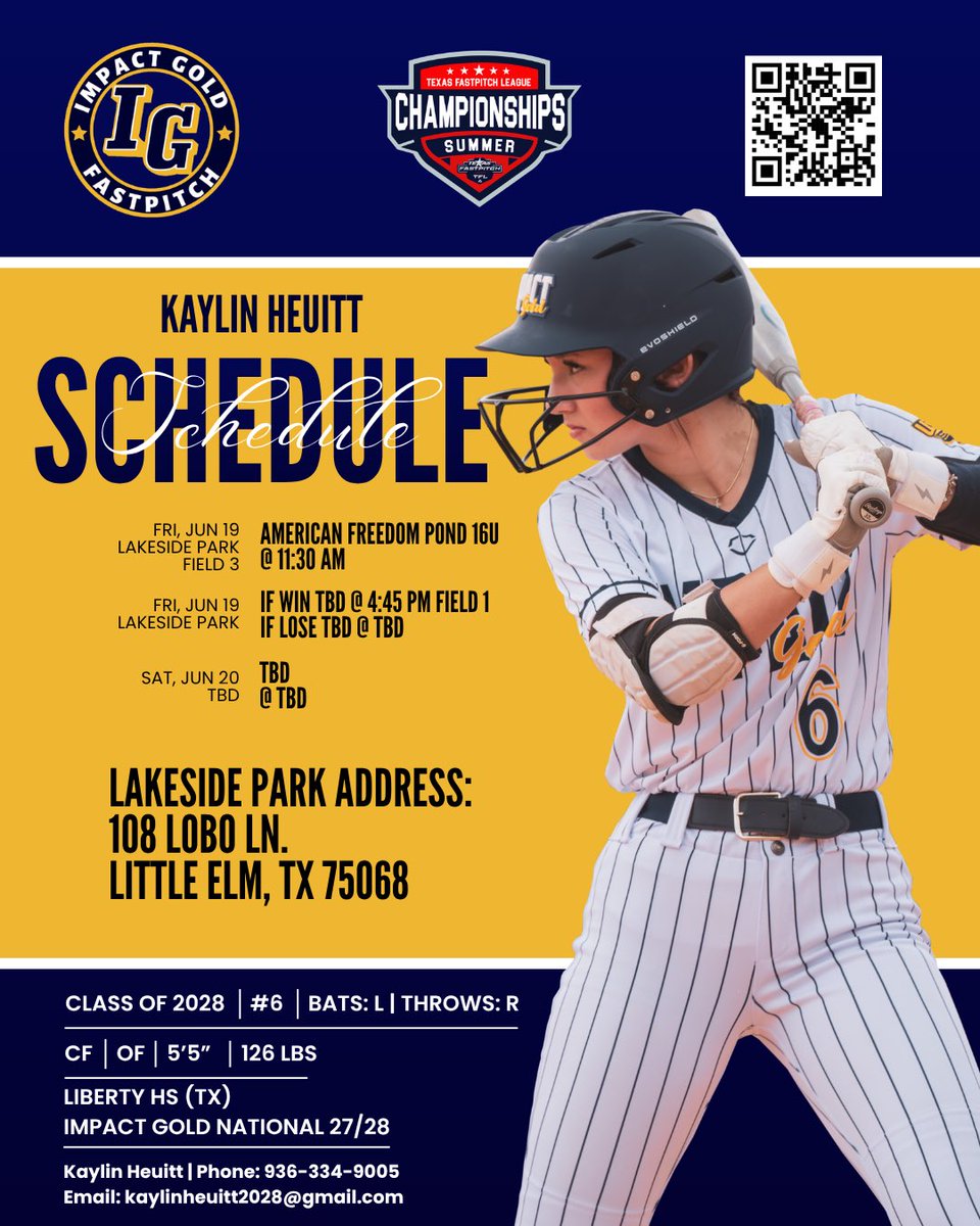 kaylinheuitt's tweet photo. π¨ SCHEDULE UPDATE π¨
We now play at 11:30 am at Lakeside Softball Park. Field 1
#agtg #triplethreat #speeddontslump #BeTheImpact #GoldBlooded #classof2028 #softball
@IG_National2728 @Randy_Ocho_Cero @jazzvesely @ImpactGoldOrg @QBooker22 https://t.co/i5LteZdj2G