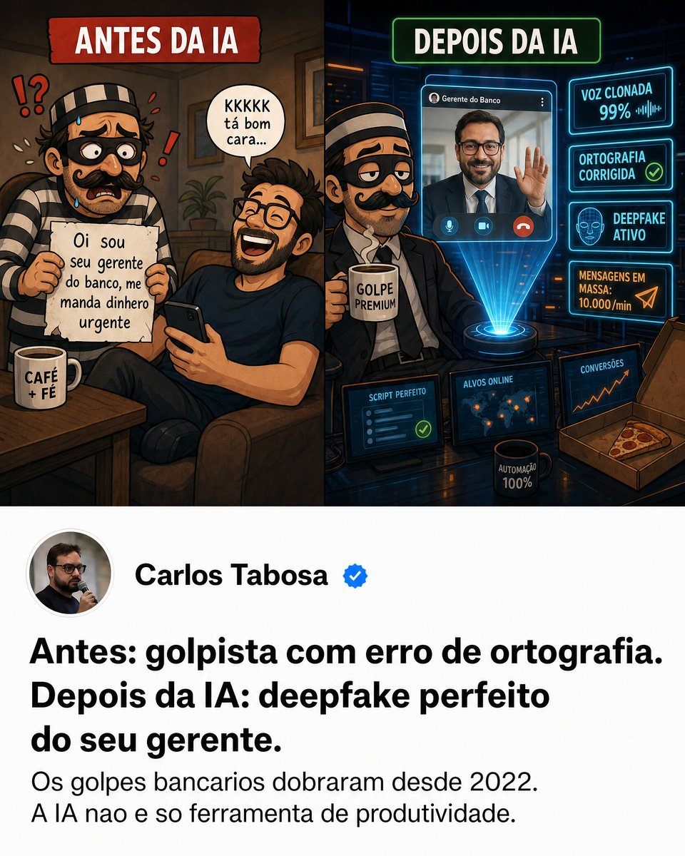 cetabosa's tweet photo. Antes, o golpe vinha com erro de português. Hoje, vem com clonagem de voz e deepfake. Em SP, os casos de estelionato mais que dobraram desde 2022.

A IA foi a maior atualização no kit dos golpistas em décadas. Quem cuida da segurança da sua empresa está pronto para isso? https://t.co/pcwTVI13WT