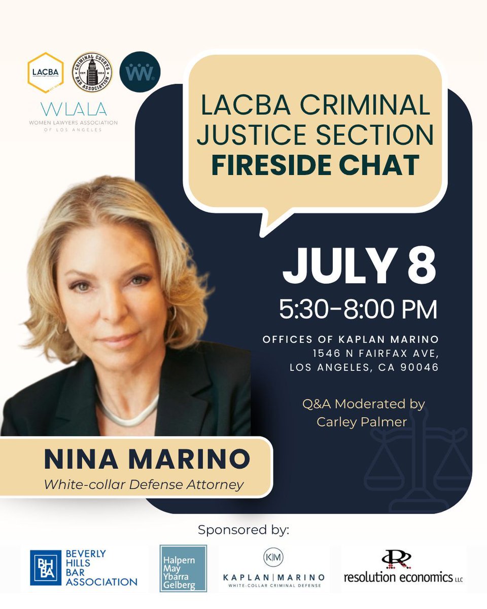 LACBA's tweet photo. Join LACBA's Criminal Justice Section for the new Fireside Chat event seriesπ₯π¬
Nina Marino will discuss her storied career as a white-collar defense attorney and her work empowering female attorneys nationwide.
Learn More & Register: https://t.co/xmQf0bRO7y
#LACBA #Criminaljustice #criminalcourts #womenlawyers #losangeleslawyer #criminaldefense #whitecollardefense #barassociation #lawpractice