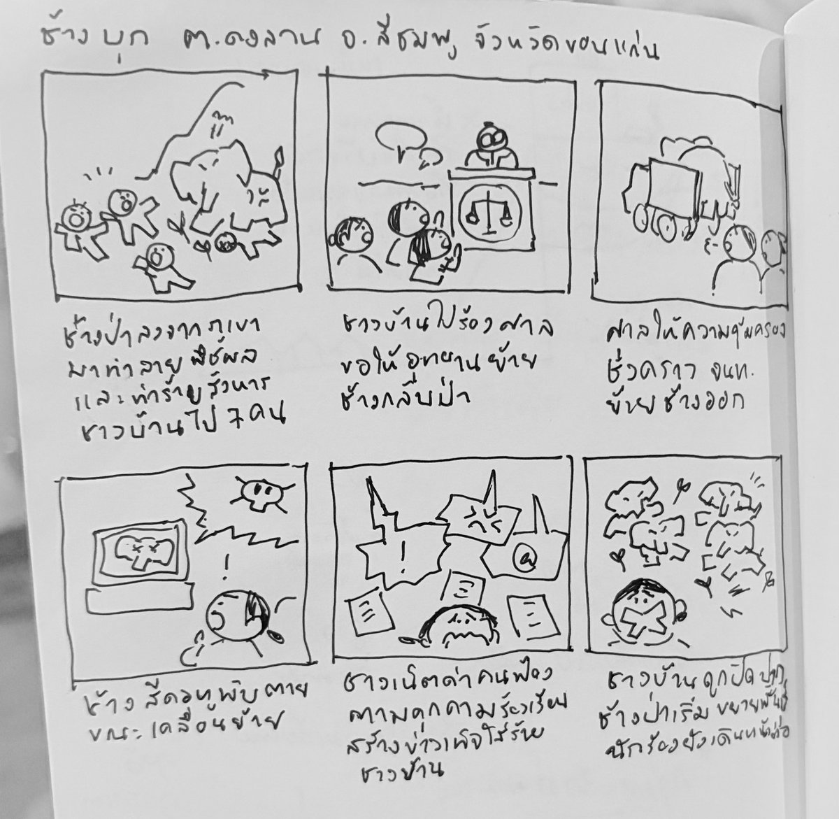 026phar's tweet photo. พึ่งนึกได้ว่าวาดการ์ตูนเรื่องชาวบ้านกับช้างป่าไว้ตอนไปลงพื้นที่ https://t.co/Kqof0srdn8