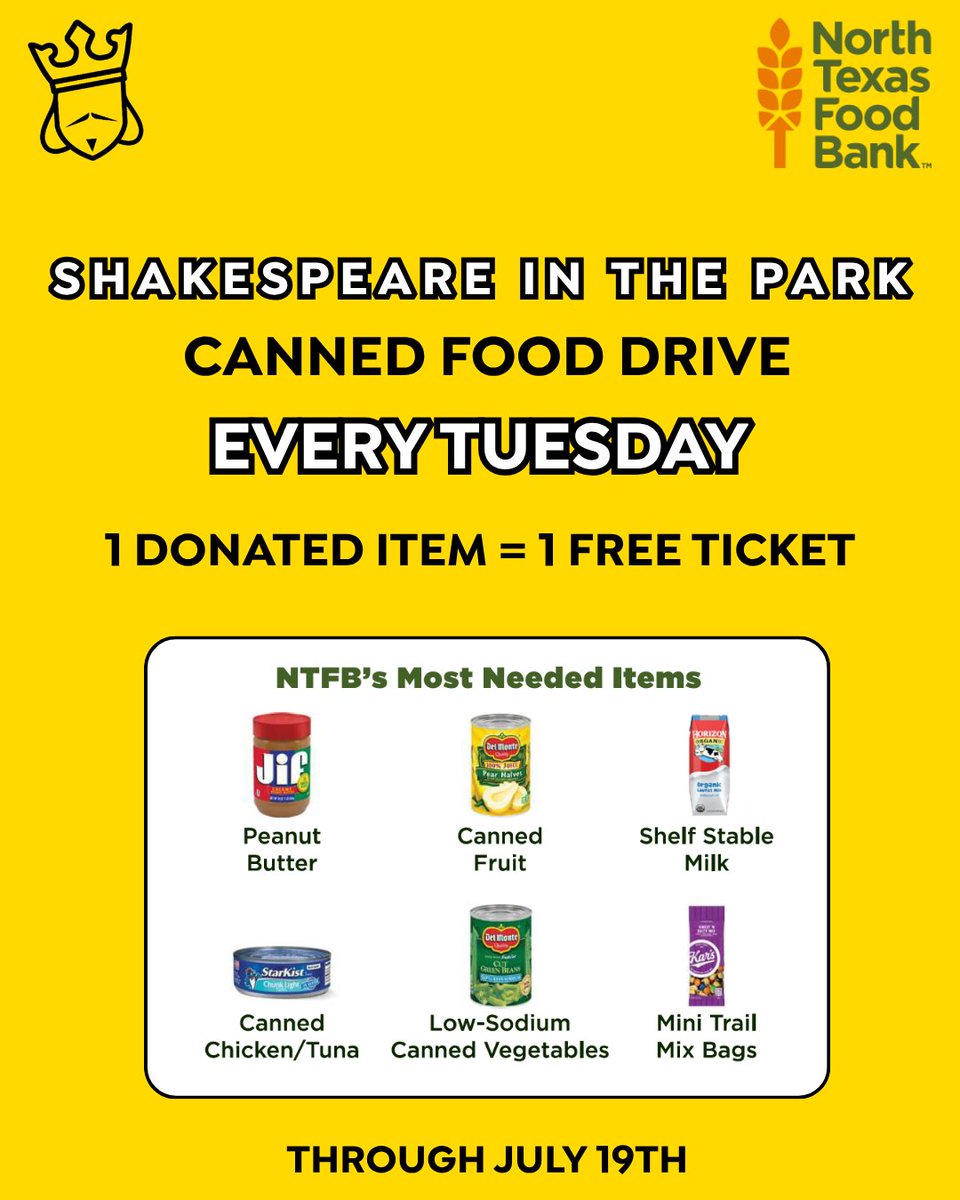 shakespearedal's tweet photo. Every Tuesday through the end of the summer season, bring a donated food item to Shakespeare in the Park and receive one free ticket for every can donated.

Bring a blanket, pack a picnic, and make Tuesdays your night at the park. ✨

@ntfb https://t.co/Srg8Kkxz6B