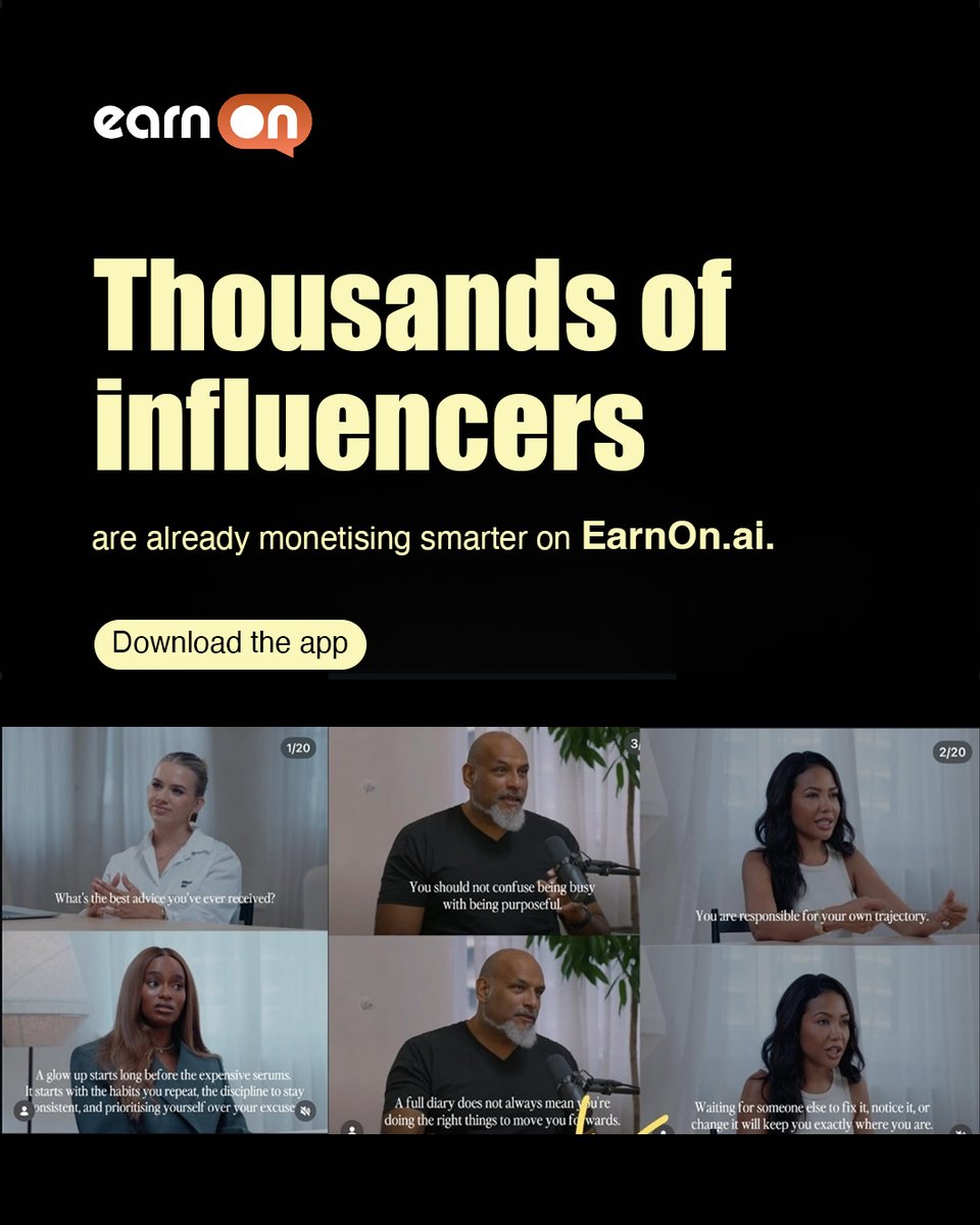 EarnOn_AI's tweet photo. 100K followers.
500K followers.
1 million followers.

And still wondering why the money doesn't match the work. 

Here's the truth nobody says out loud: 

The platforms you built your career on were never designed to make YOU rich.
They were designed to make themselves rich.
Using your content.
Your audience.
Your time.

https://t.co/dHTnauMyq1 was built differently.

→ Subscriptions you control
→ Brand deals with real transparency
→ Direct fan relationships
→ Faster payouts
→ Zero algorithm interference

Your influence finally works fully in your favour.

Platform is live.
Join free today.

Link in bio — https://t.co/Jbg9gb7Q3M

#earnonai #influencermarketing #contentcreator #creatoreconomy #influencerlife #monetiseyourcontent #creatorfirst #ownyouraudience #influencertips #creatorplatform #digitalcreator #buildyourbrand #creatorindependence #earnmore