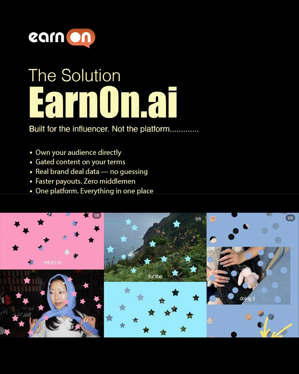 EarnOn_AI's tweet photo. 100K followers.
500K followers.
1 million followers.

And still wondering why the money doesn't match the work. 

Here's the truth nobody says out loud: 

The platforms you built your career on were never designed to make YOU rich.
They were designed to make themselves rich.
Using your content.
Your audience.
Your time.

https://t.co/dHTnauMyq1 was built differently.

→ Subscriptions you control
→ Brand deals with real transparency
→ Direct fan relationships
→ Faster payouts
→ Zero algorithm interference

Your influence finally works fully in your favour.

Platform is live.
Join free today.

Link in bio — https://t.co/Jbg9gb7Q3M

#earnonai #influencermarketing #contentcreator #creatoreconomy #influencerlife #monetiseyourcontent #creatorfirst #ownyouraudience #influencertips #creatorplatform #digitalcreator #buildyourbrand #creatorindependence #earnmore