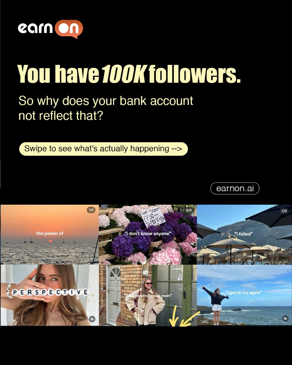 EarnOn_AI's tweet photo. 100K followers.
500K followers.
1 million followers.

And still wondering why the money doesn't match the work. 

Here's the truth nobody says out loud: 

The platforms you built your career on were never designed to make YOU rich.
They were designed to make themselves rich.
Using your content.
Your audience.
Your time.

https://t.co/dHTnauMyq1 was built differently.

→ Subscriptions you control
→ Brand deals with real transparency
→ Direct fan relationships
→ Faster payouts
→ Zero algorithm interference

Your influence finally works fully in your favour.

Platform is live.
Join free today.

Link in bio — https://t.co/Jbg9gb7Q3M

#earnonai #influencermarketing #contentcreator #creatoreconomy #influencerlife #monetiseyourcontent #creatorfirst #ownyouraudience #influencertips #creatorplatform #digitalcreator #buildyourbrand #creatorindependence #earnmore
