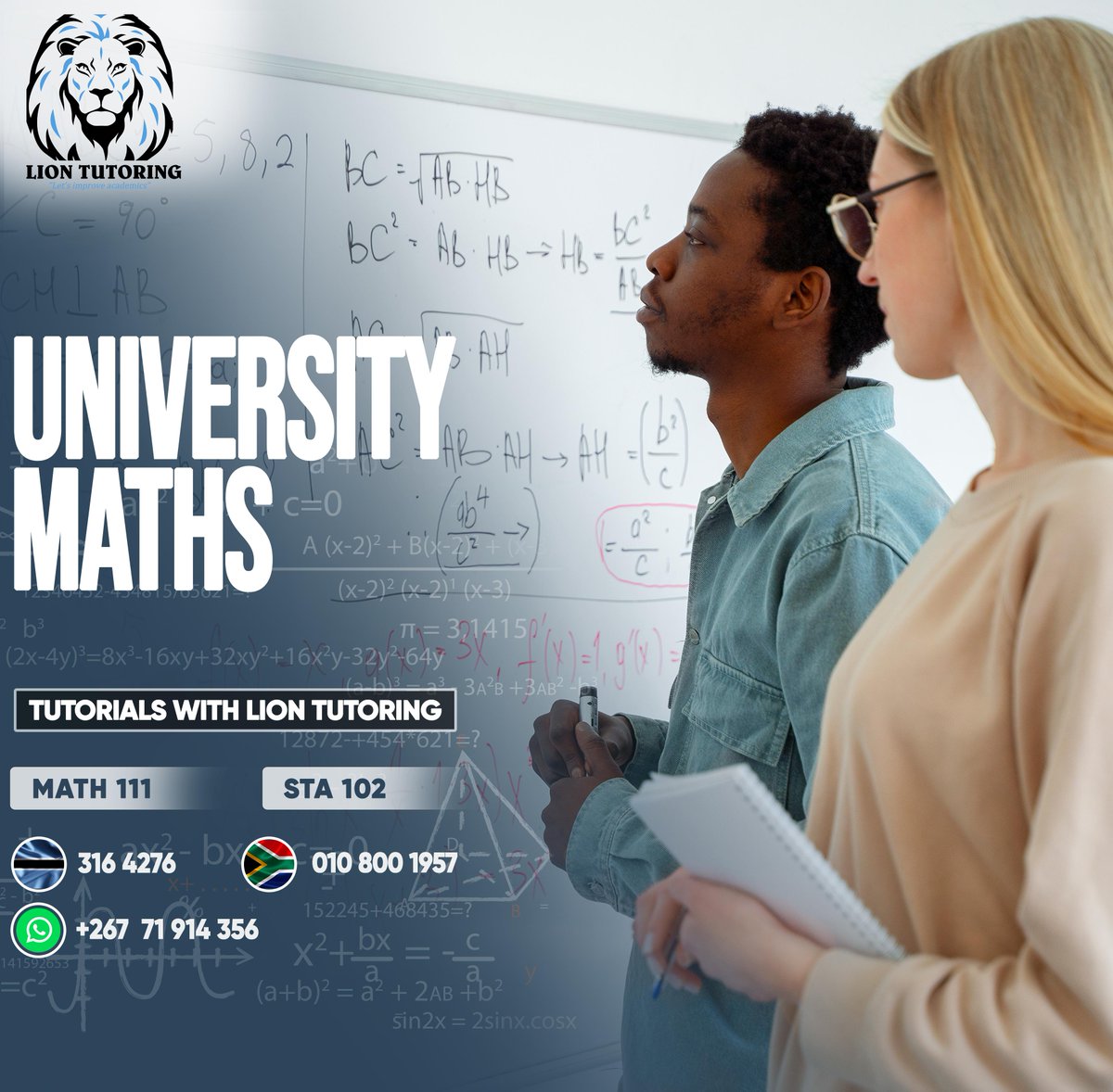liontutoring's tweet photo. Lion Tutoring🦁 offers University maths tutorials📚 to individuals who wish to excel in their academics.
Call 🇧🇼316 4276 🇿🇦010 800 1957
#LionTutoring #Math111 #Sta102 https://t.co/33XoiBHRLq