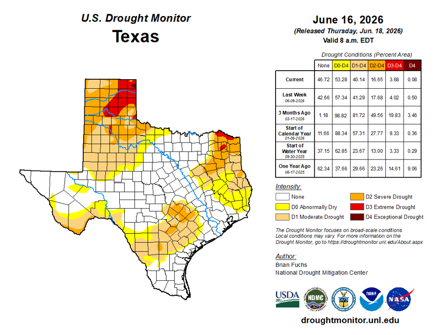 BrazosValleyGCD's tweet photo. Here are the drought monitoring maps released on June 18, 2026. https://t.co/r9SGSJbMnD