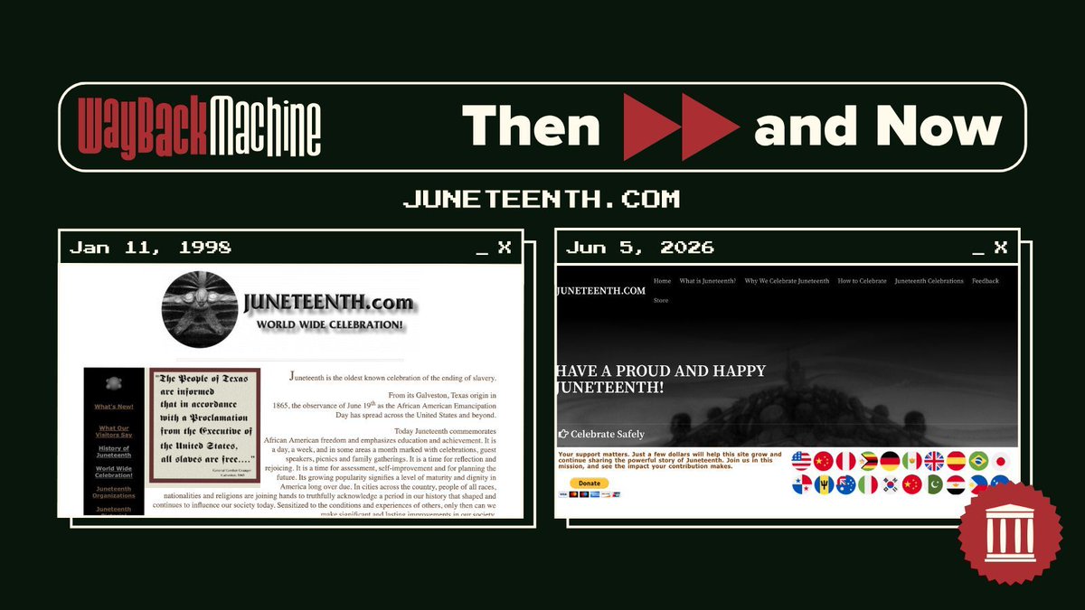 internetarchive's tweet photo. JUNETEENTH․com launched in 1996, helping share the history of June 19, 1865, and support celebrations across the United States and beyond.

As awareness of Juneteenth grew, so did the site.

The Wayback Machine preserves three decades of the site, documenting how it helped connect communities and sustain a tradition now celebrated by millions.

Explore the site's history 👇🏾
https://t.co/O1JYIW7jAK

@WaybackMachine